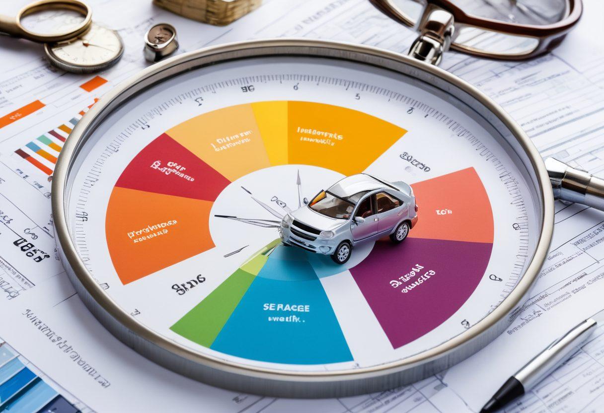 A collage of diverse individuals comparing car insurance plans, with graphs and charts showcasing affordable options in the background. A car wheel symbolizes smart choices, while a calculator and a magnifying glass add to the theme of decision-making. Bright, engaging colors to convey optimism and clarity. super-realistic. vibrant colors. white background.