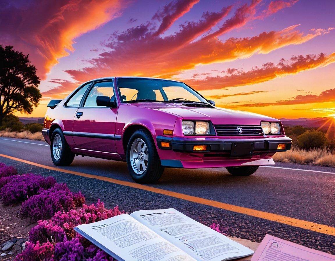 A road with a shiny, affordable car driving under a beautiful sunset, surrounded by icons of dollar signs and insurance symbols to represent savings and coverage. In the foreground, an open guidebook with highlighted sections showing tips on smart choices for car insurance, blending into the background. super-realistic. vibrant colors.