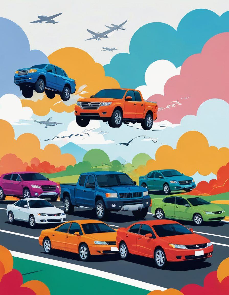 A dynamic scene of a diverse range of vehicles (cars, motorcycles, trucks) colliding into a cloud of colorful, abstract shapes symbolizing insurance coverage. In the background, a calm landscape symbolizes the ease of navigating through vehicle coverage options. Elements like road signs and policy documents subtly incorporated. The color palette is vibrant, reflecting a sense of security and optimism. vector art. vibrant colors. white background.